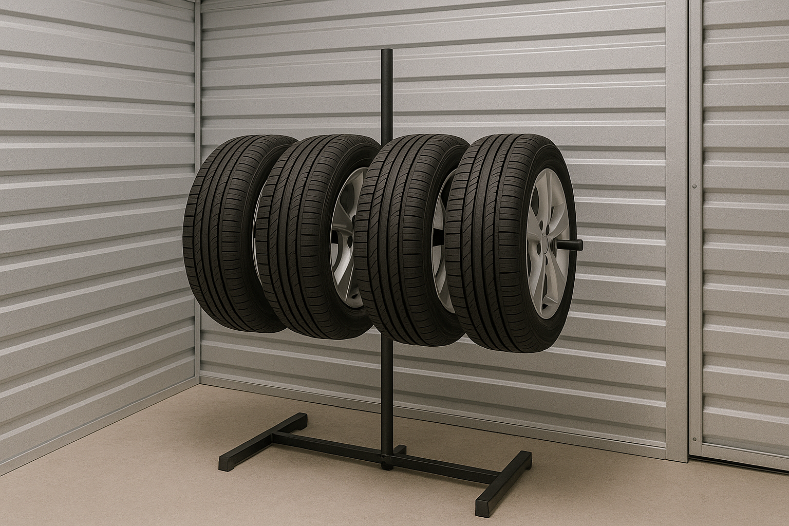 Vier Reifen quer aufgehängt auf einer Reifenfelge in einem Storebox Lager