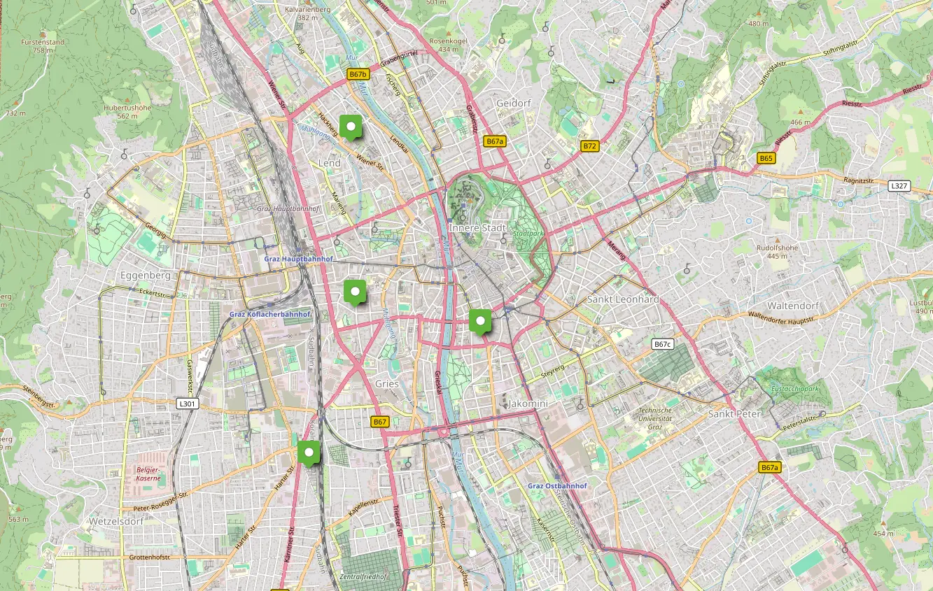 Übersichtskarte von Graz mit Storebox locations