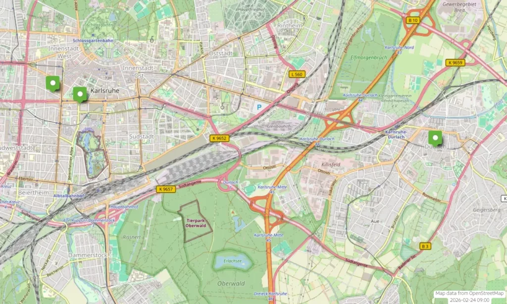 Overview map of Karlsruhe with Storebox locations