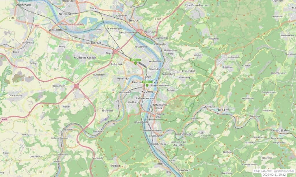 Übersichtskarte von Koblenz mit Storebo Standorten