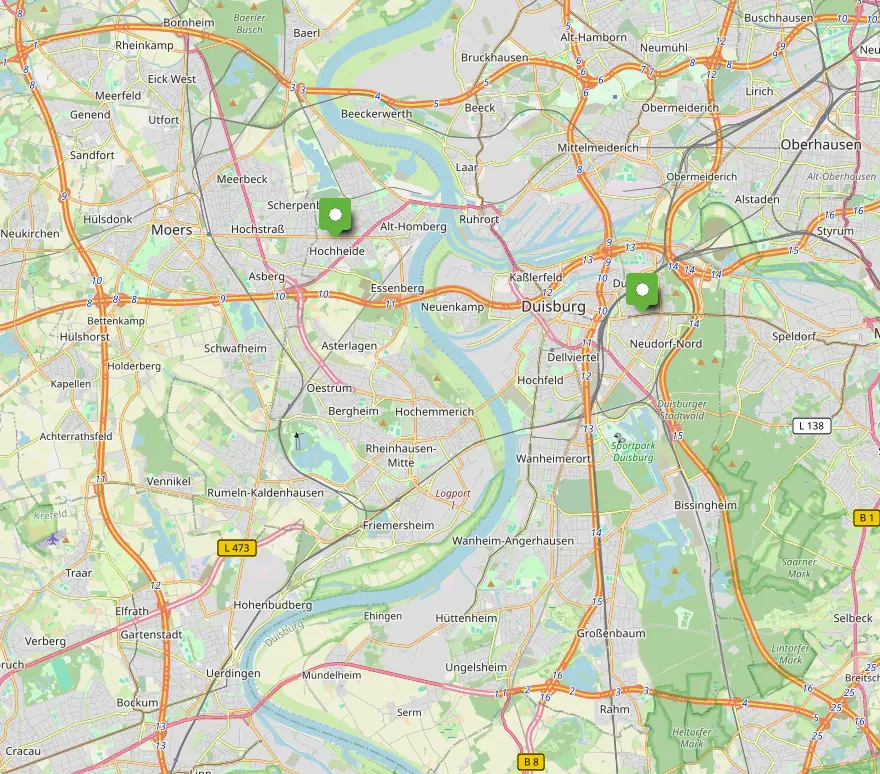 Karte von Duisburg mit 2 Storebox Lagern